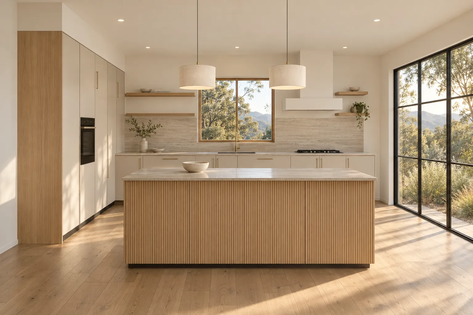 Concept visualisation, AI-generated: a Warm Minimal kitchen with putty slab fronts, a fluted oak island, travertine benchtops and splashback, brass pulls and linen pendants