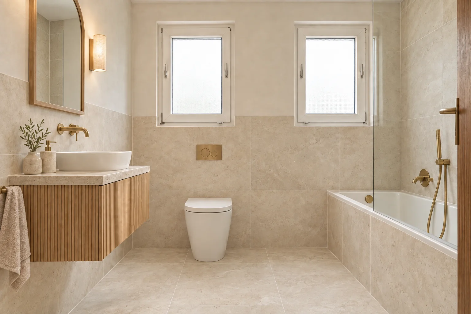The Cranebrook bathroom, concept visualisation in the Warm Minimal style