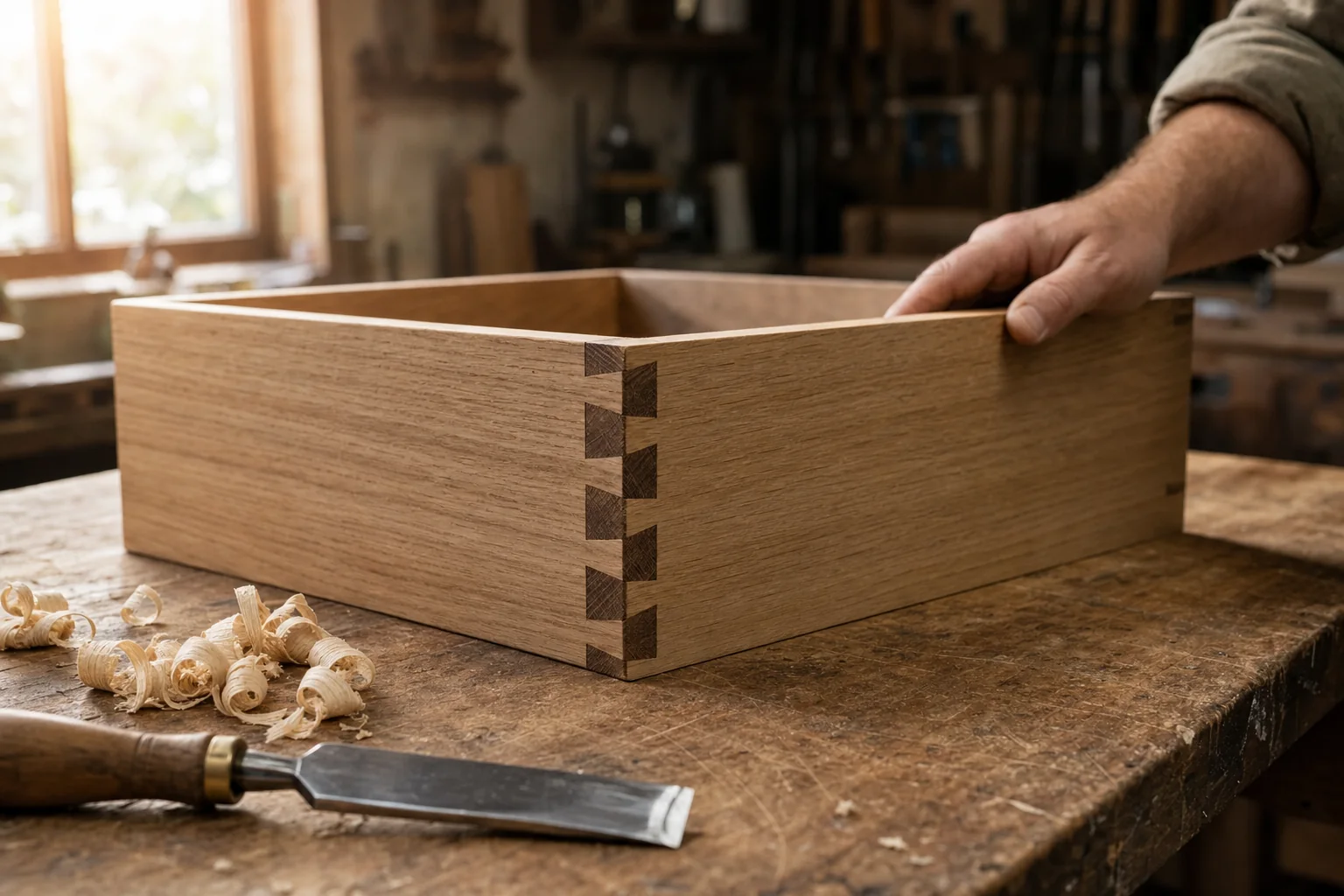 A hand resting on a finished oak drawer box with dovetailed corners on a workshop bench