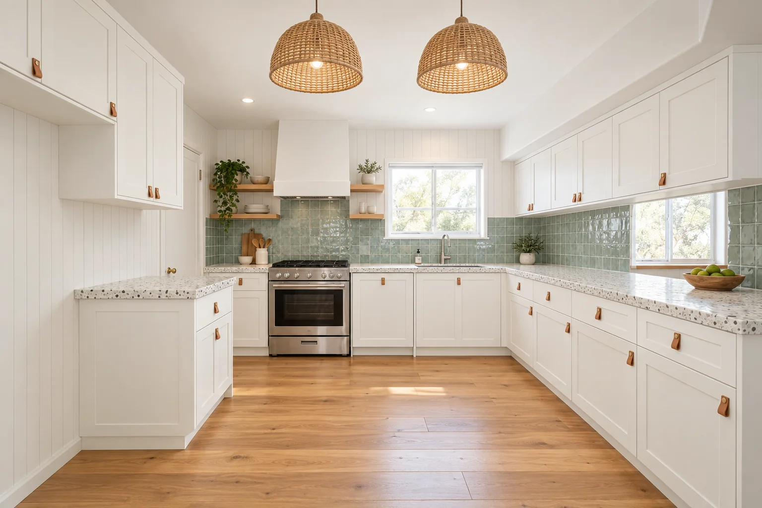 Concept visualisation, AI-generated from the before photo: the same kitchen in the Coastal Timber style