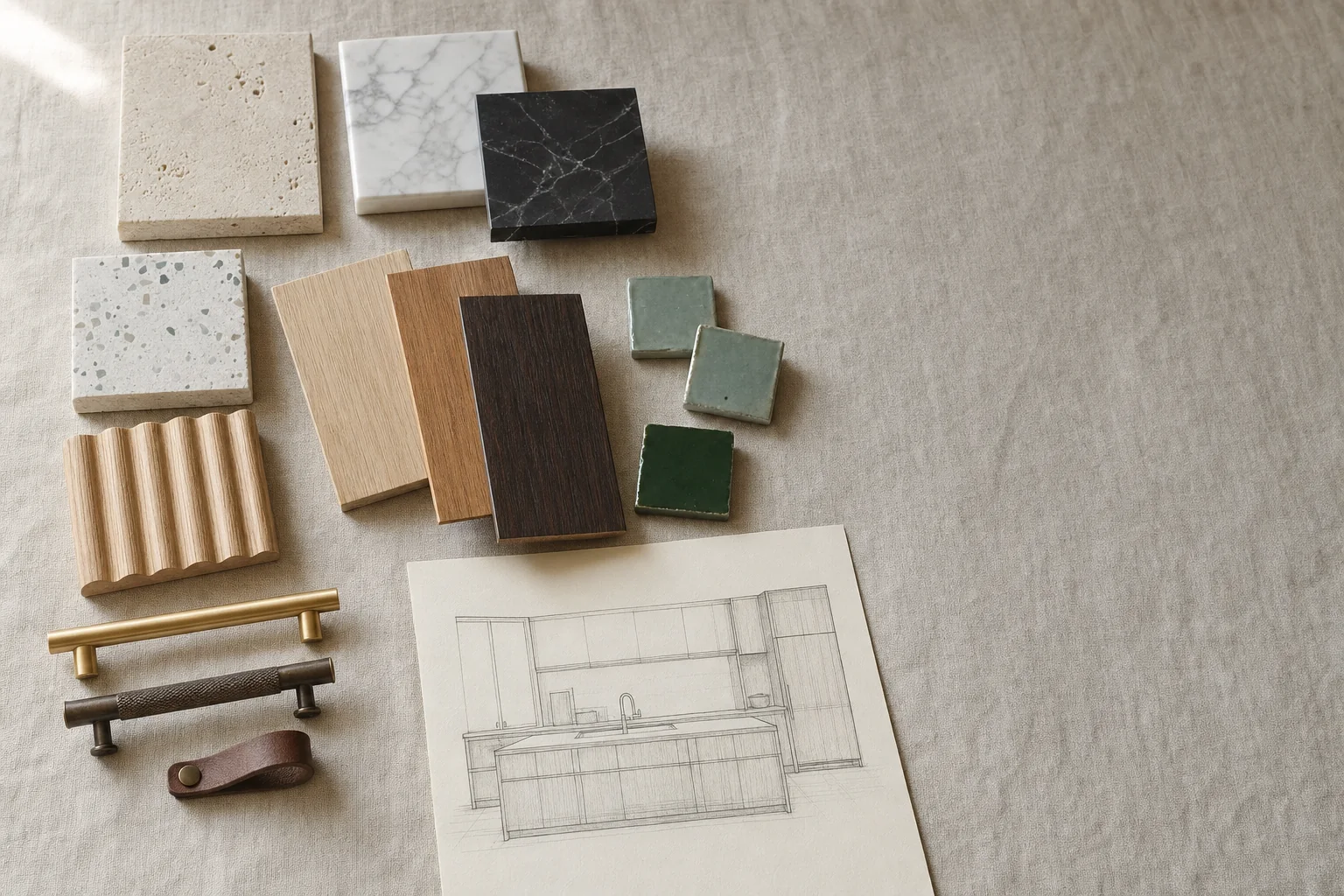 Material samples on linen: travertine, Carrara and Nero marble, terrazzo, oak, blackbutt and smoked oak veneers, zellige tiles, brass, bronze and leather pulls, and a pencil sketch of a kitchen