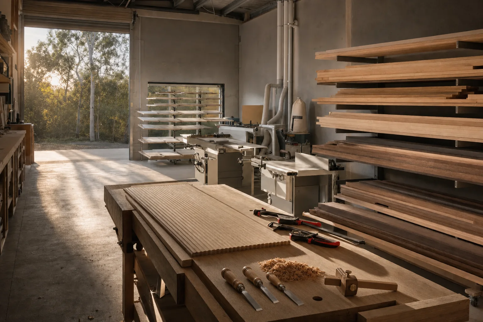 A tidy joinery workshop at sunrise: a fluted oak panel on the bench, timber racks and drying cabinet doors