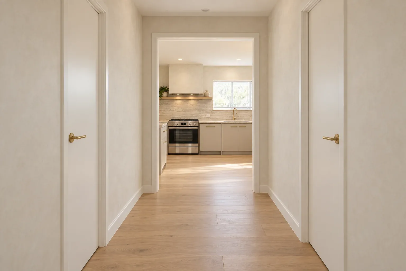 Looking down a quiet hallway with pale oak floorboards towards a bright renovated kitchen at the far end