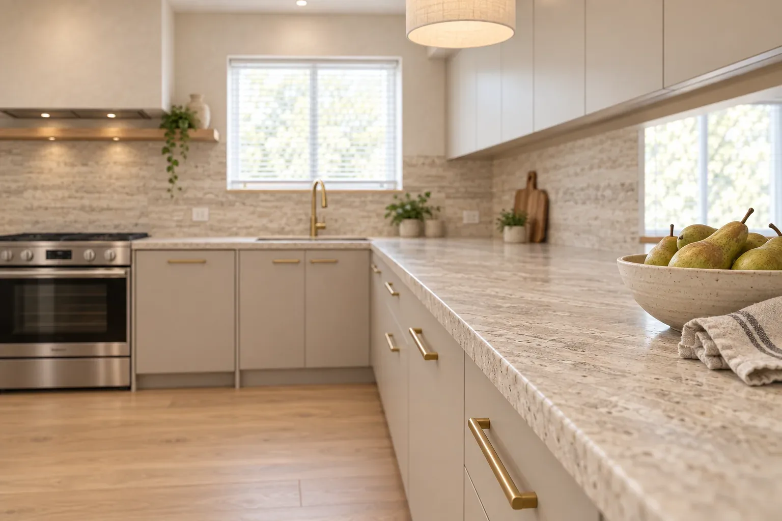Low view along the stone benchtop towards the window, putty drawers with brass pulls below and a bowl of pears