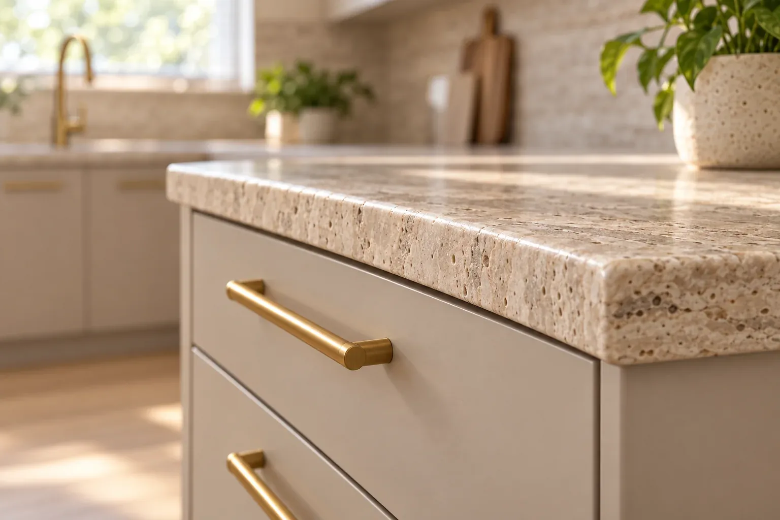Macro of the travertine benchtop edge over putty drawers with brushed brass bar pulls