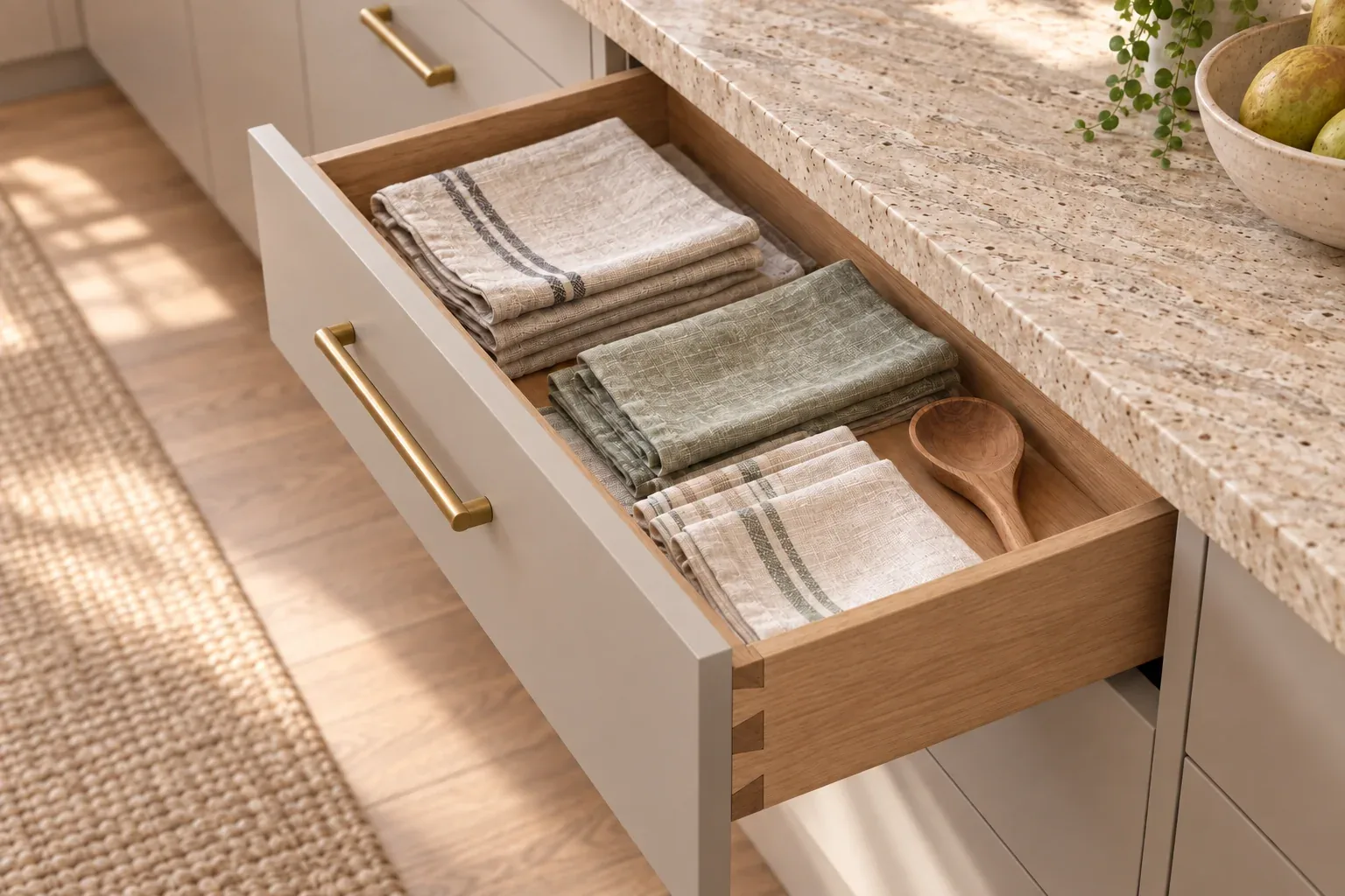 A putty drawer pulled open to show a solid oak drawer box with dovetail joints and folded linen