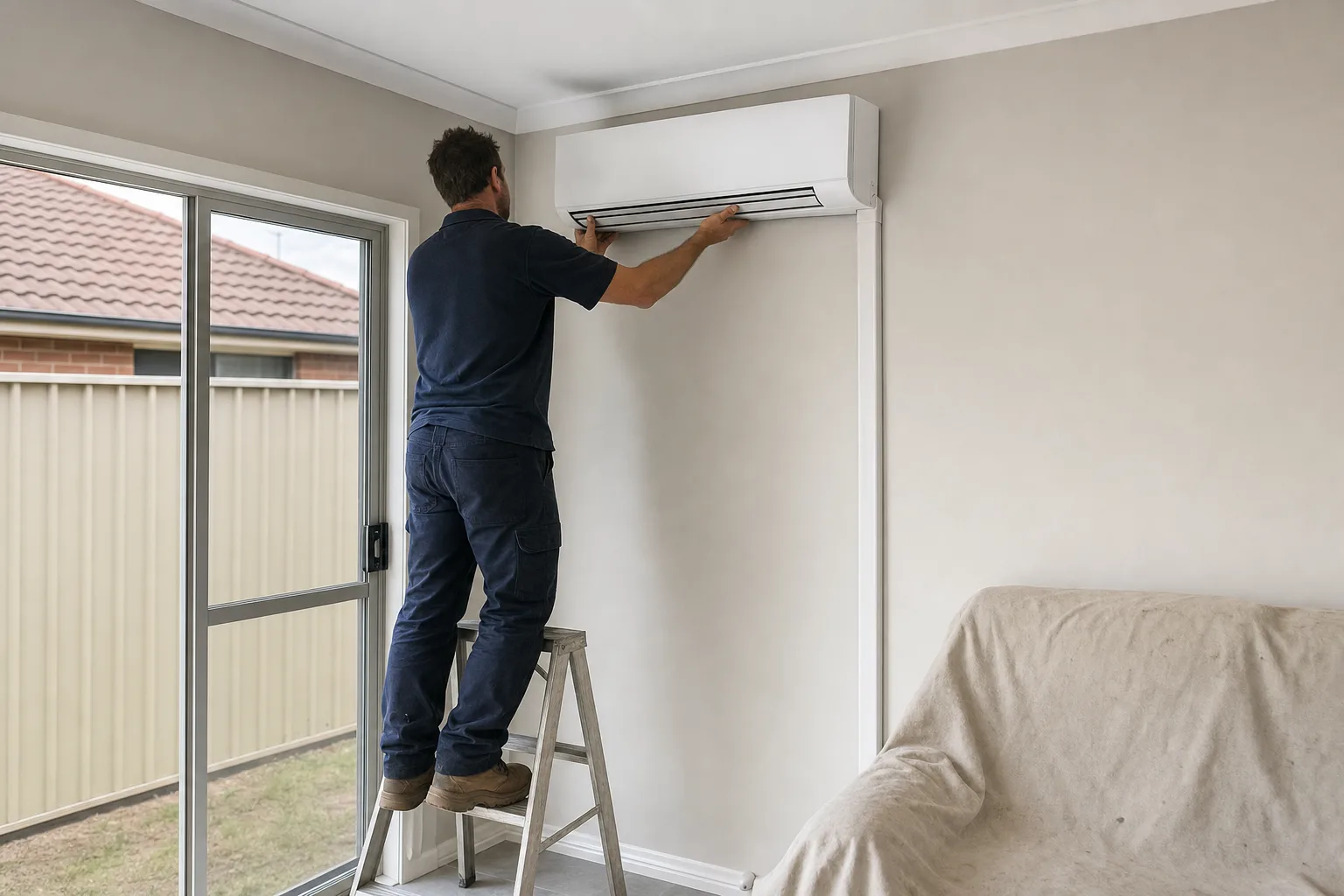 A technician on a ladder mounting a split-system air-conditioner