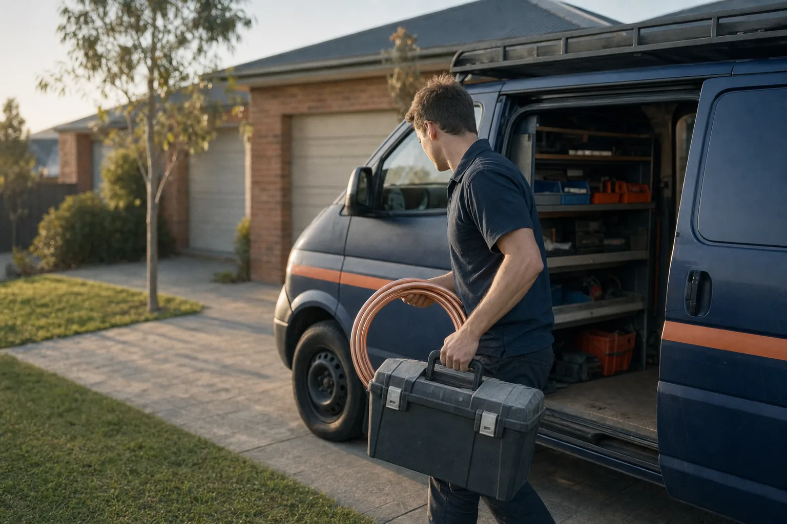 A tradesperson lifting a toolbox and copper pipe out of a navy service van on a suburban driveway
