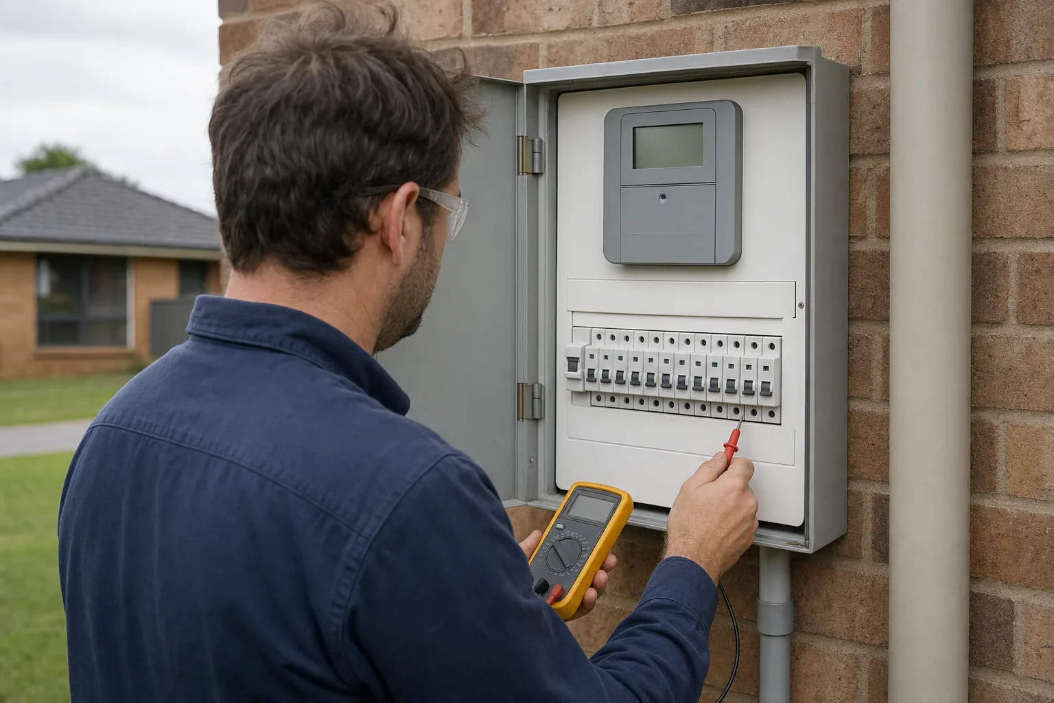An electrician testing a switchboard on a brick wall