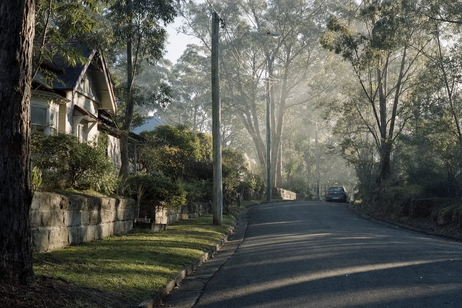 A misty, tree-lined street with older cottages and sandstone walls in the Lower Blue Mountains