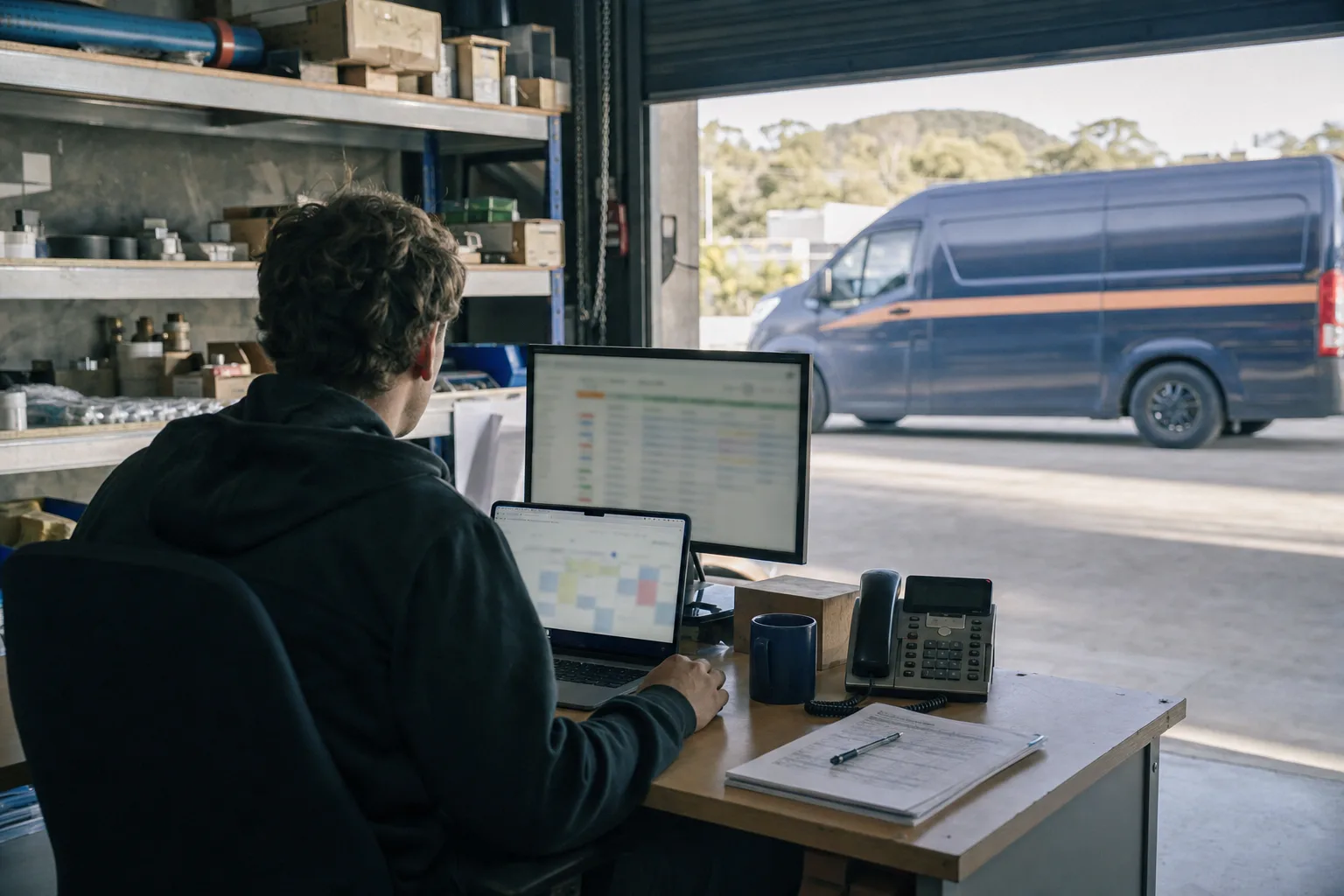 A person at the dispatch desk with a laptop and job sheets, the van parked outside