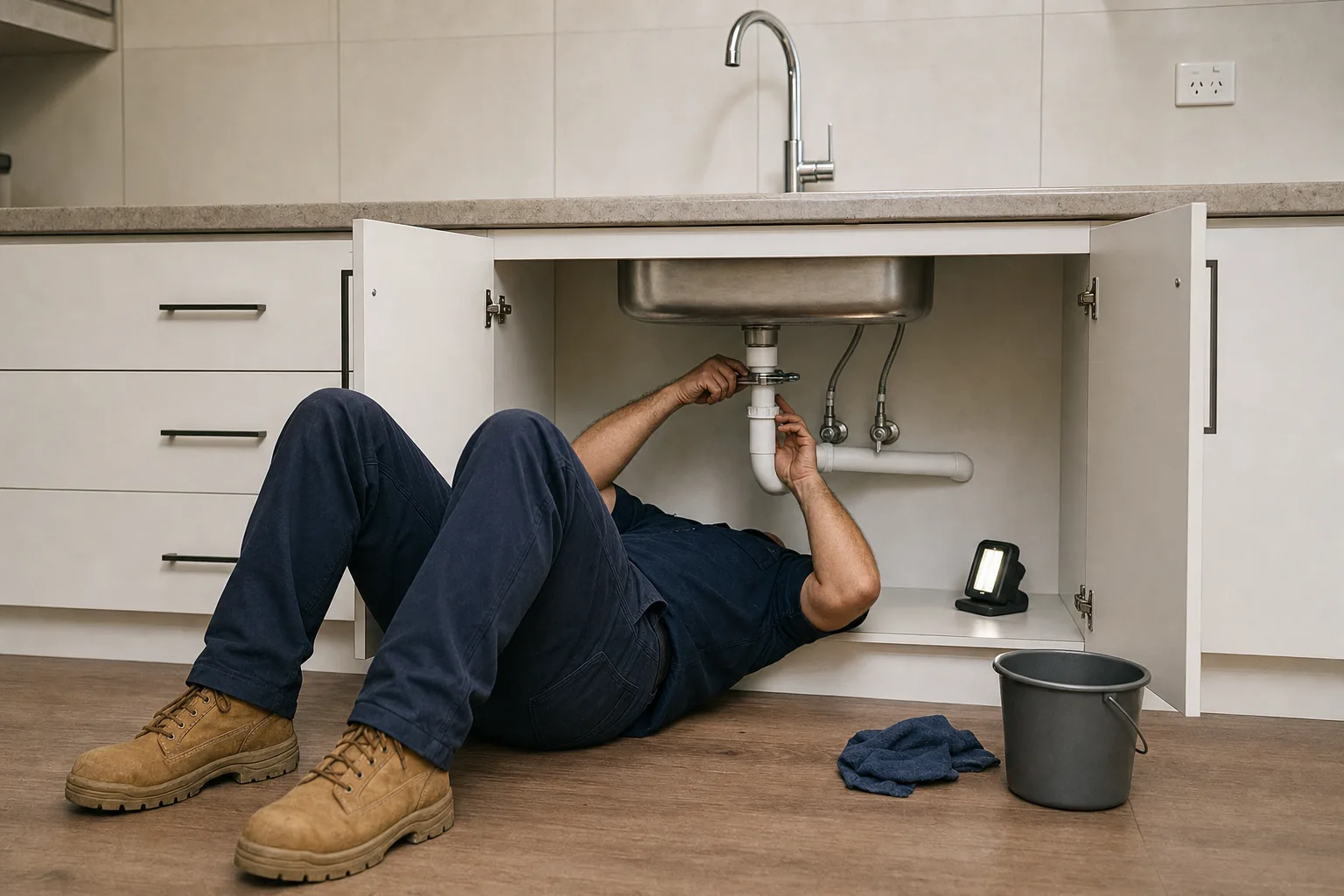 A plumber working under a kitchen sink with a shifter