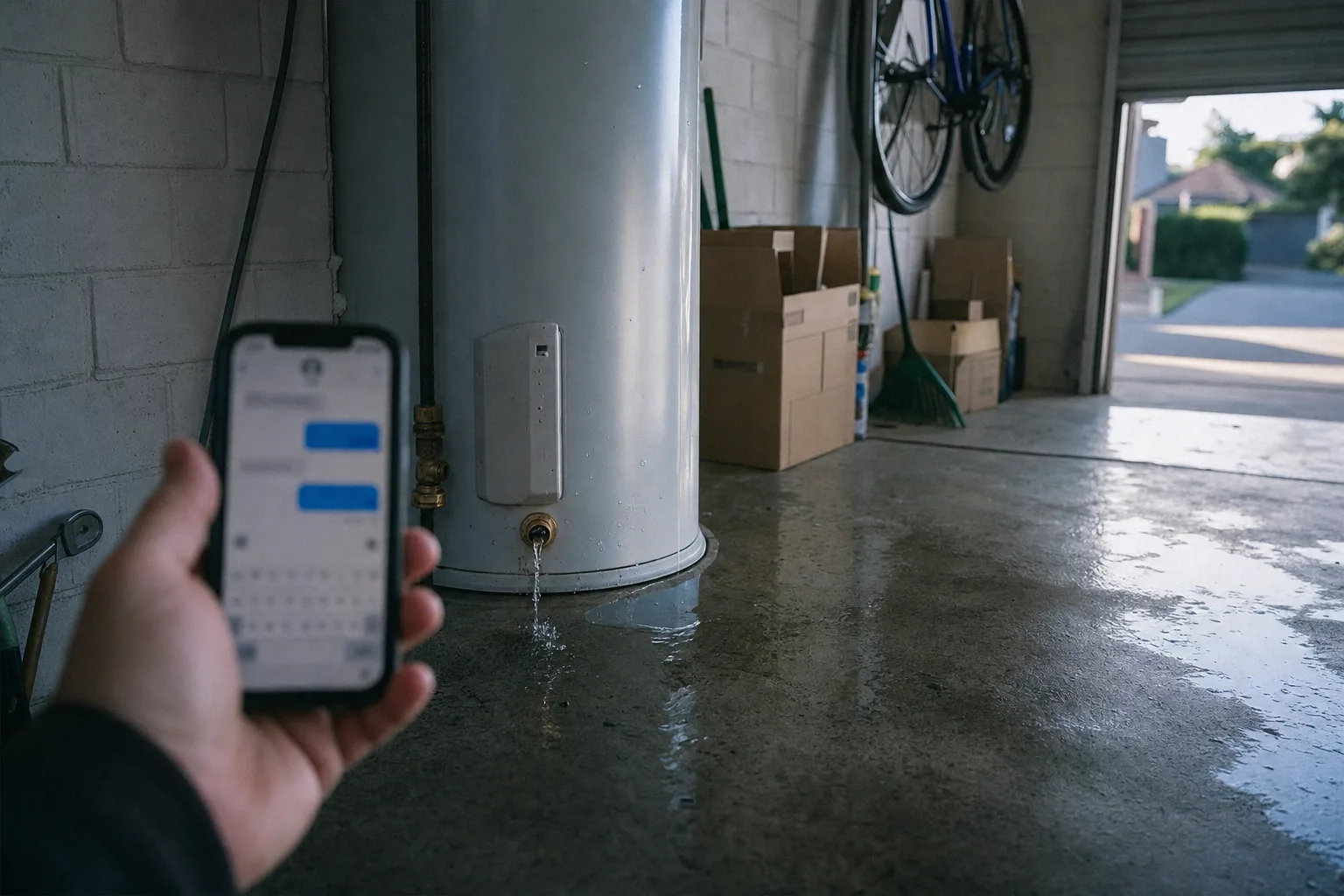 A hand holding a phone in a suburban garage while a hot water cylinder leaks across the concrete floor