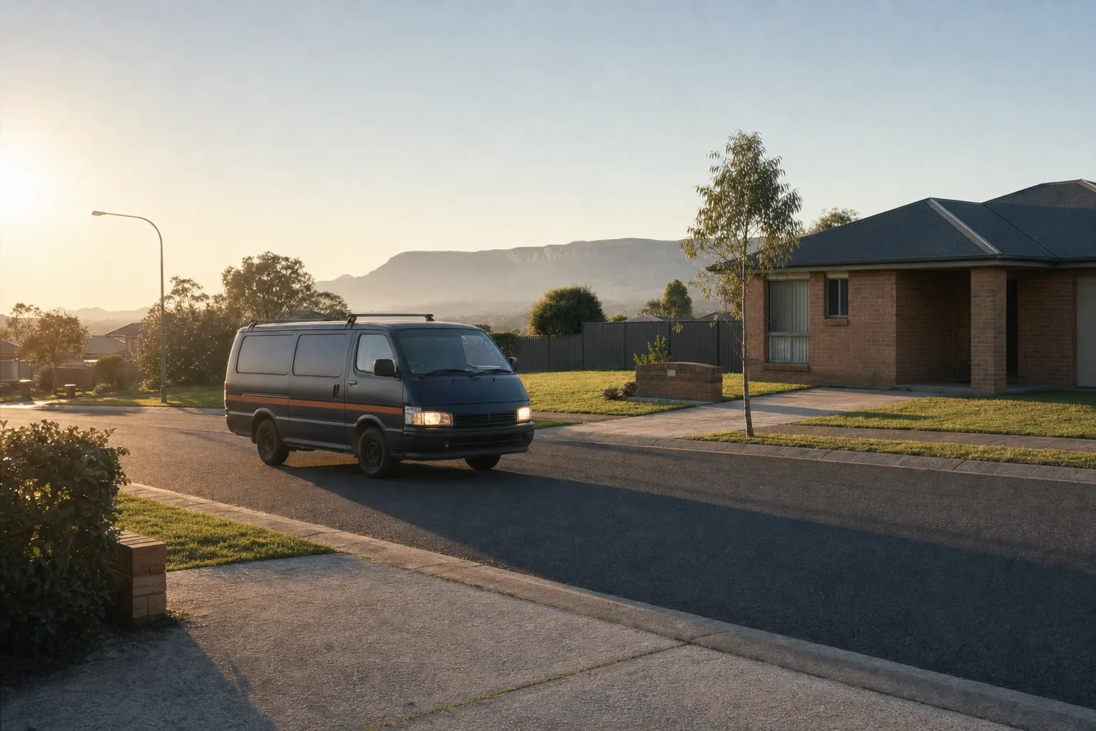 A navy service van with an orange stripe pulling up outside a brick house with a Colorbond roof, Blue Mountains escarpment behind