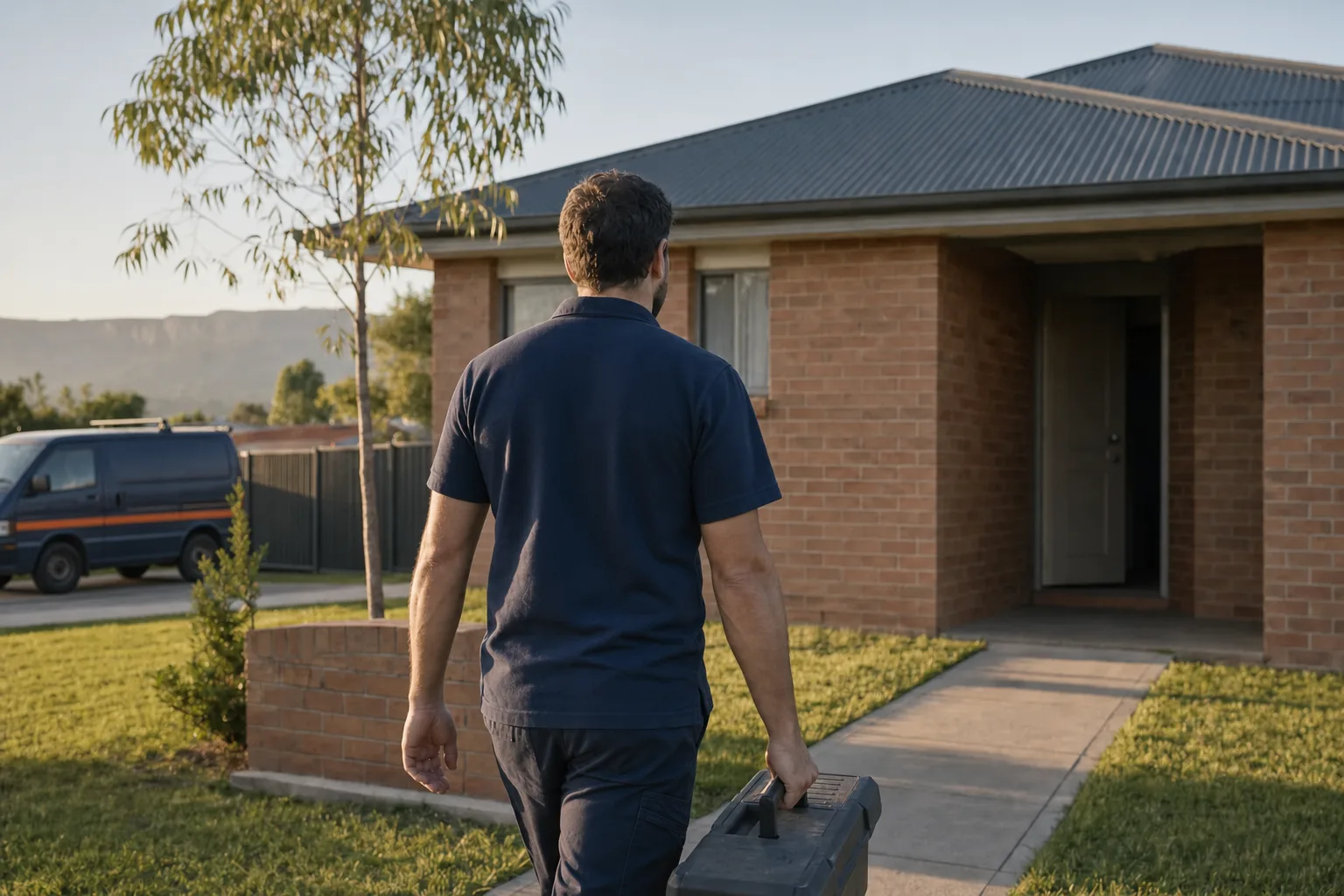 A technician carrying a toolbox up the front path to a brick house as the door opens