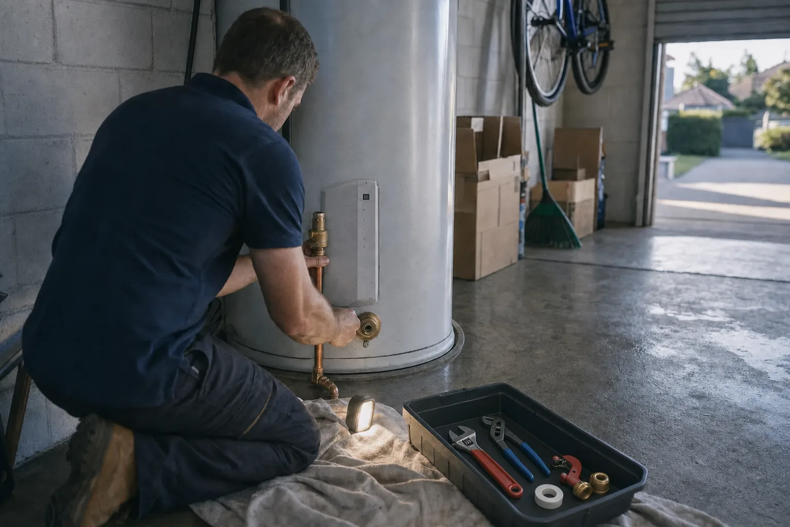 A technician kneeling beside the hot water cylinder in the garage, fitting a new brass valve