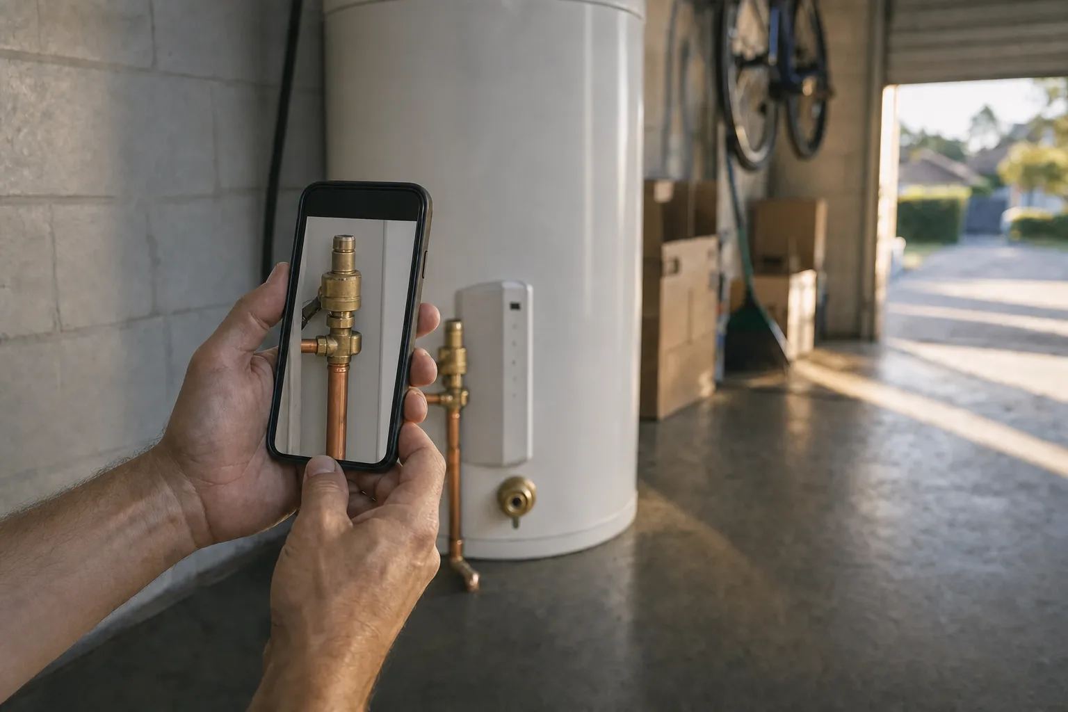 Close-up of hands photographing the repaired hot water system with a phone