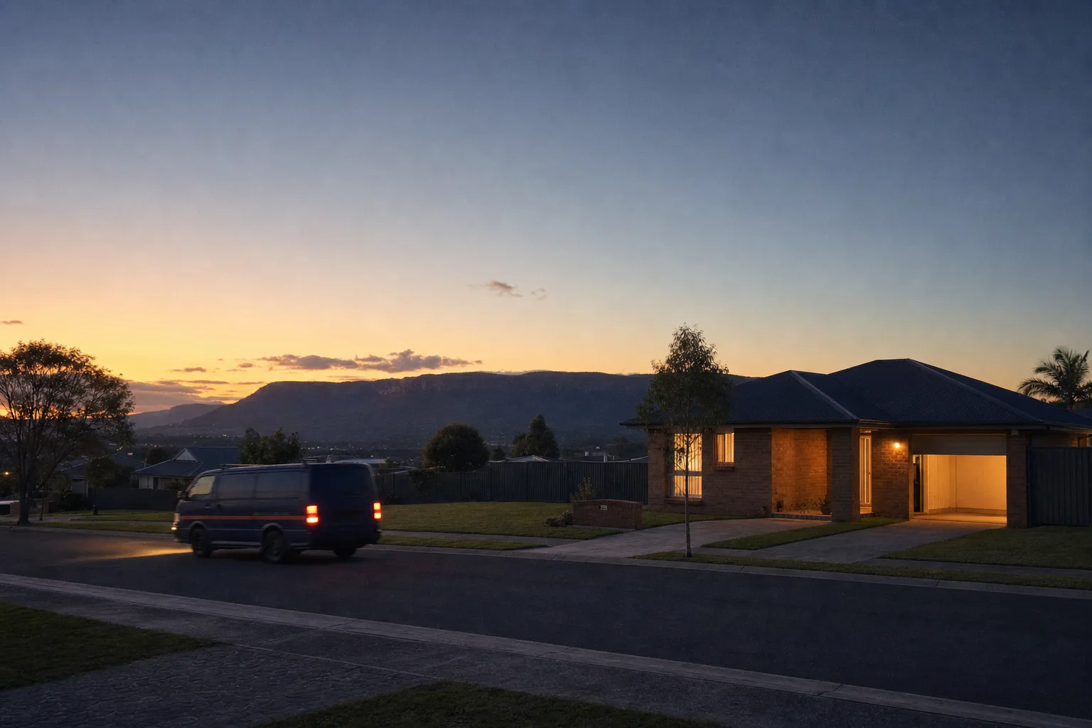 The same brick house at dusk, garage light on, as the navy van pulls away