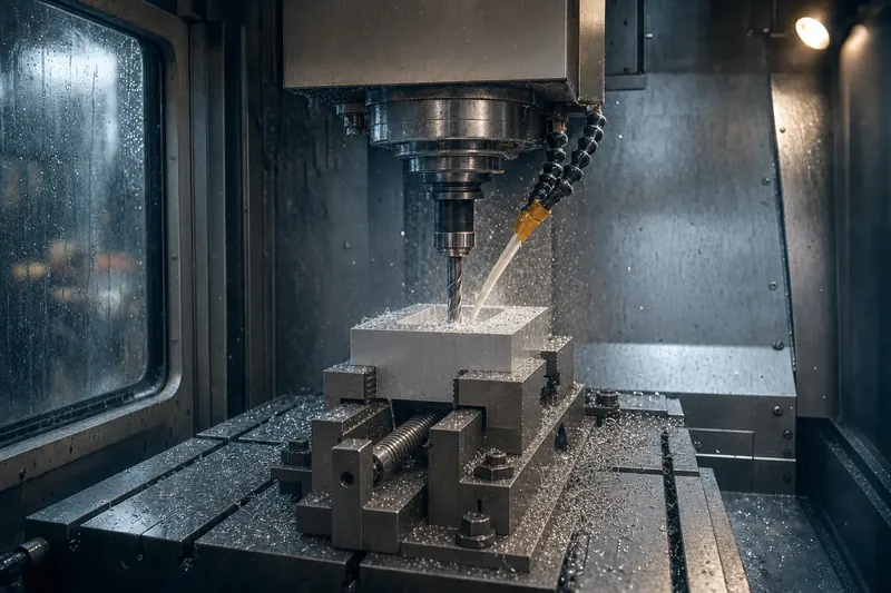 An end mill cutting a pocket in an aluminium block held in a vice, coolant spraying.
