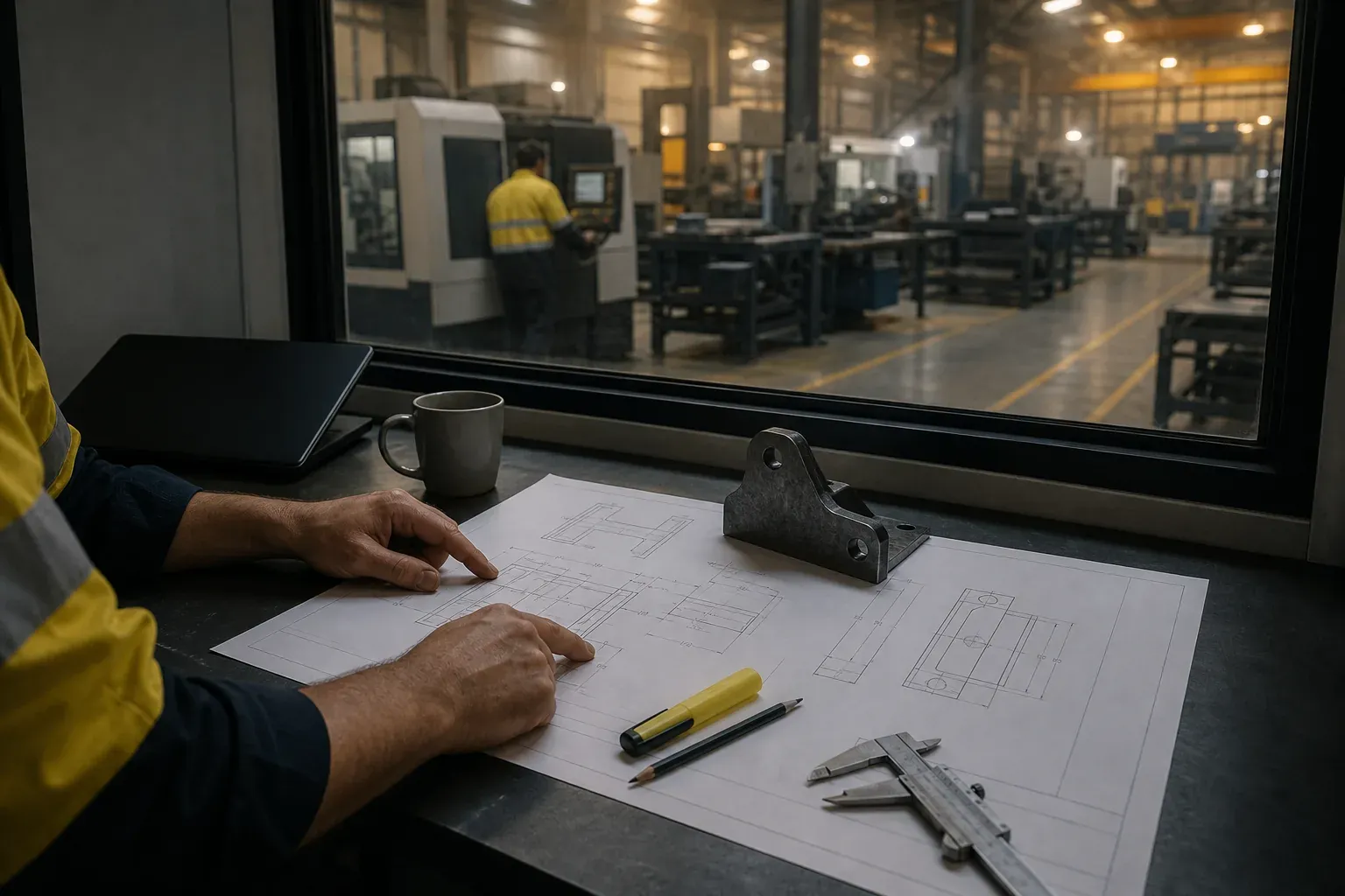 An estimator’s hands on a printed engineering drawing with a highlighter and caliper, the workshop visible through the office window.