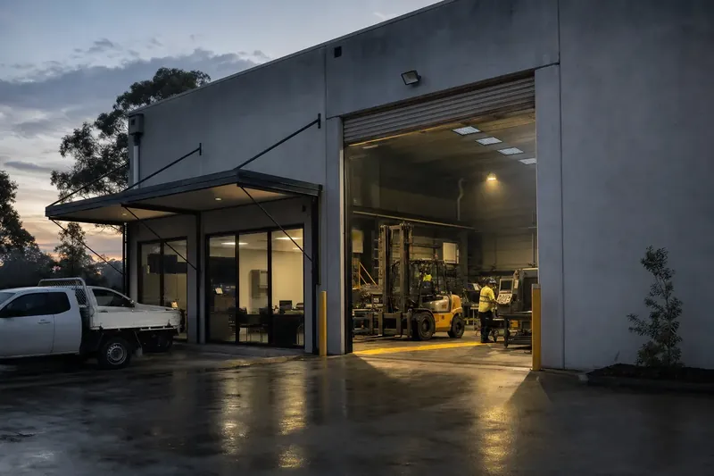 A grey tilt-up industrial unit at dawn, its roller door open and lit, a forklift inside and a ute parked alongside.