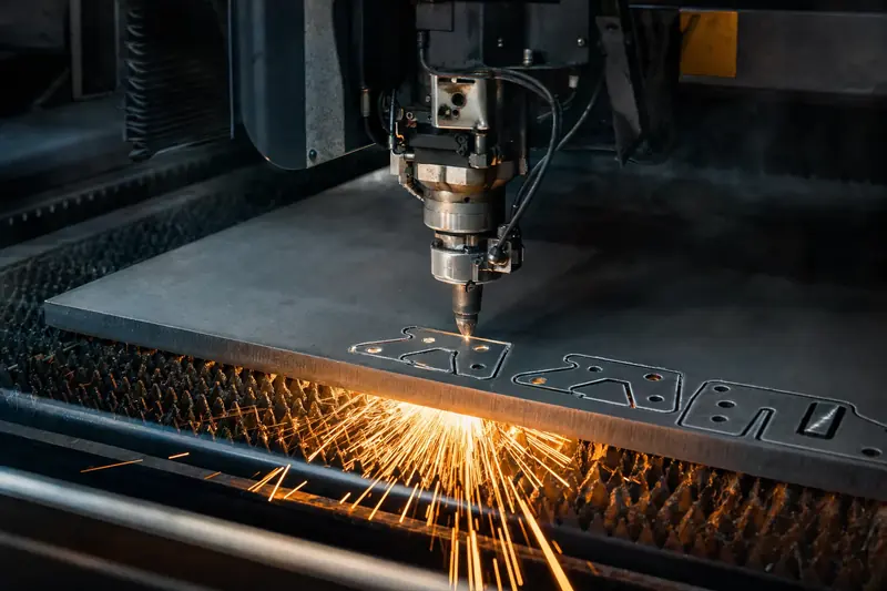 A fibre laser cutting head tracing bracket profiles through steel plate, sparks below the bed.