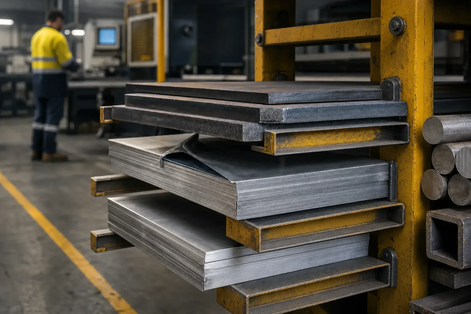 Edges of stacked mild steel plate, stainless sheet with its film peeled back, and aluminium plate on a rack, with round bar and tube alongside.