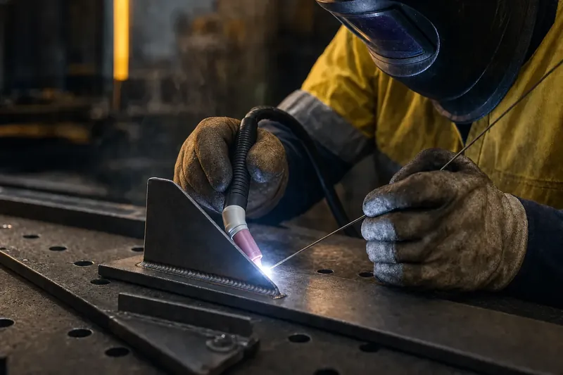 Close-up of TIG welding a gusset to a steel plate, the welder’s gloved hands and helmet edge in frame.