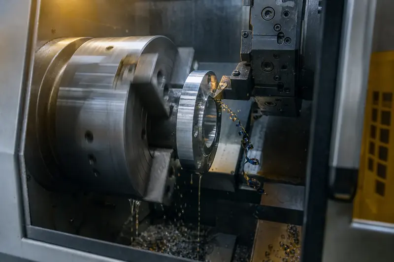 A steel flange spinning in a lathe chuck as a carbide insert takes a facing cut, a curl of swarf peeling away.