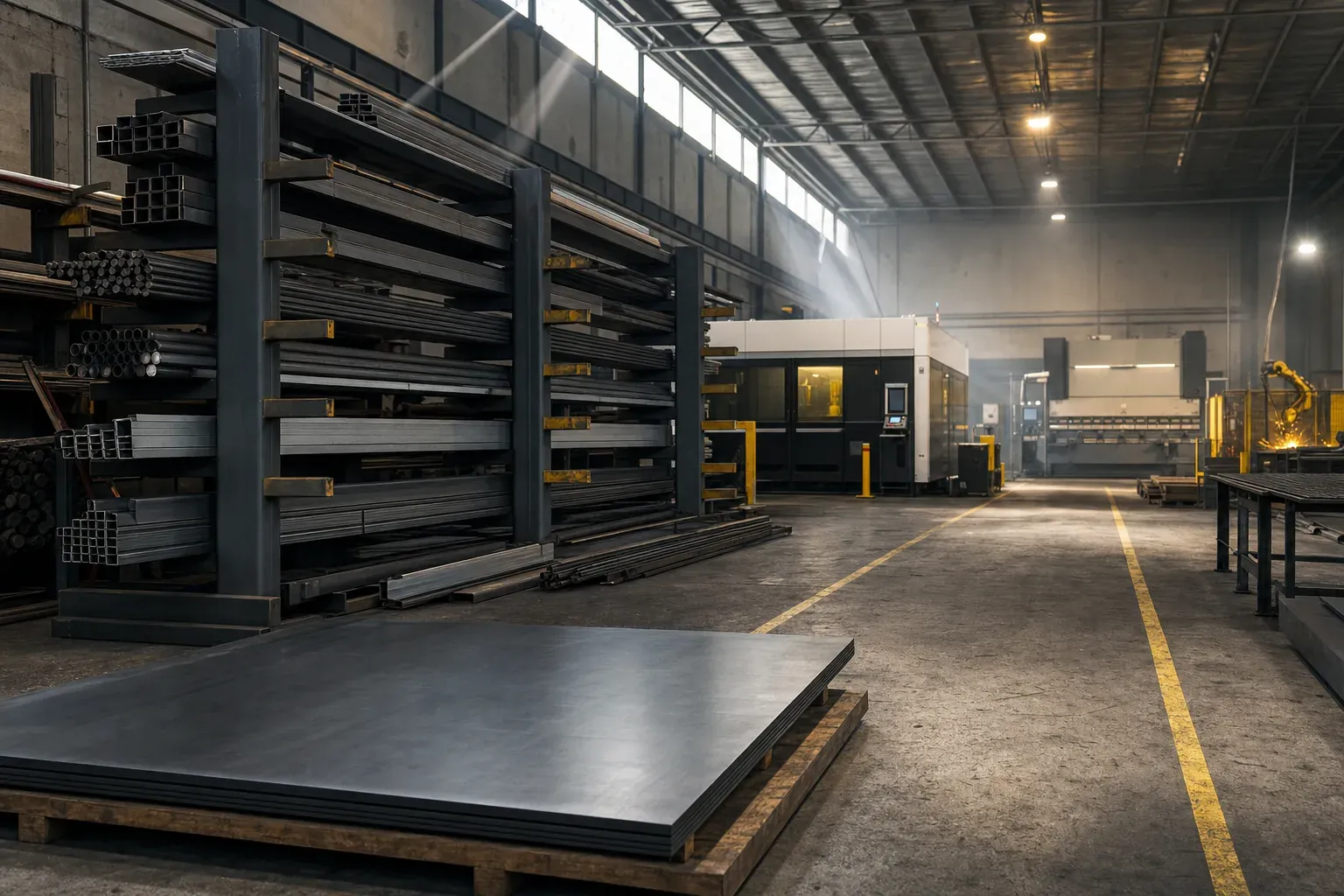 Cantilever racks of steel plate, bar and tube at the raw-material end of the workshop, a pallet of 10 mm plate in the foreground and the aisle leading on toward the laser.