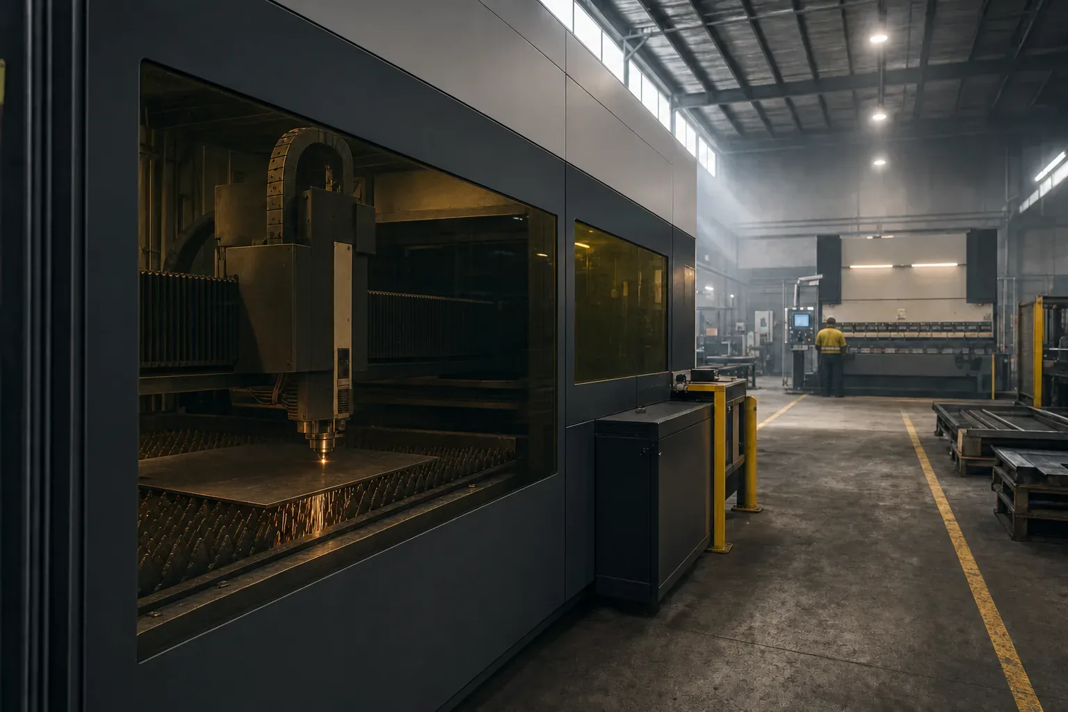The enclosed fibre laser seen through its tinted safety window: the cutting head mid-cut through steel plate, sparks falling through the slats, the press brake beyond.