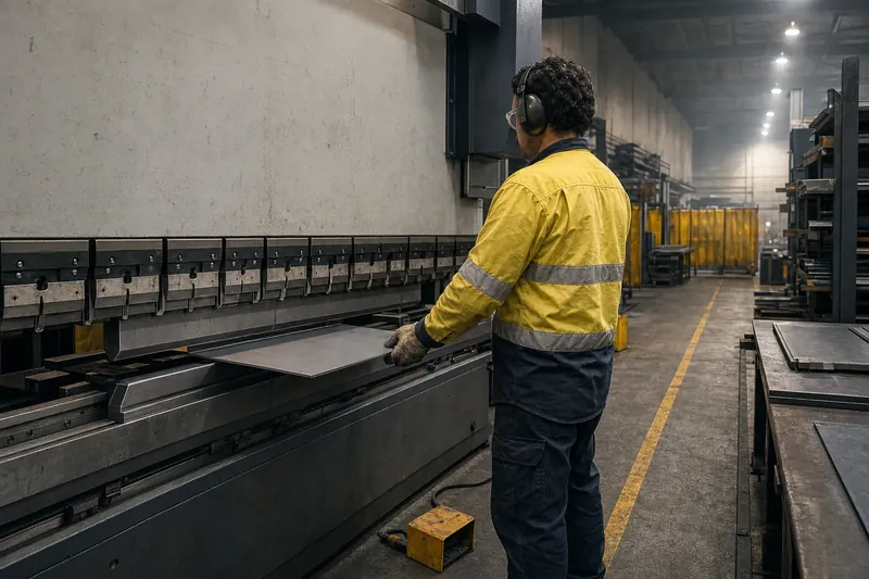 An operator in safety glasses supporting a flat blank on the press brake die, about to fold, hands clear of the tooling.