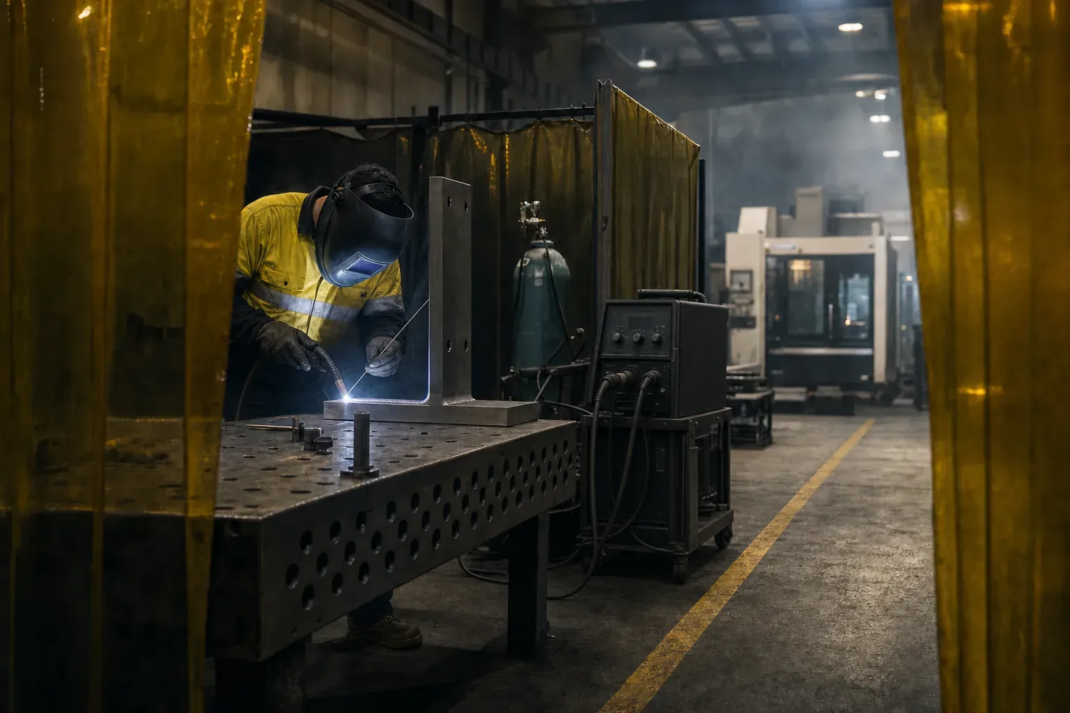 Through a parted amber welding curtain, a welder in a helmet and hi-vis TIG welding a gusset onto a clamped bracket on a fixture table.
