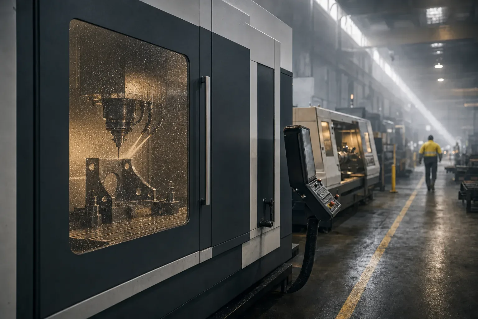A vertical machining centre cutting a welded bracket behind its closed door, coolant on the viewing window, a CNC lathe further along the aisle.