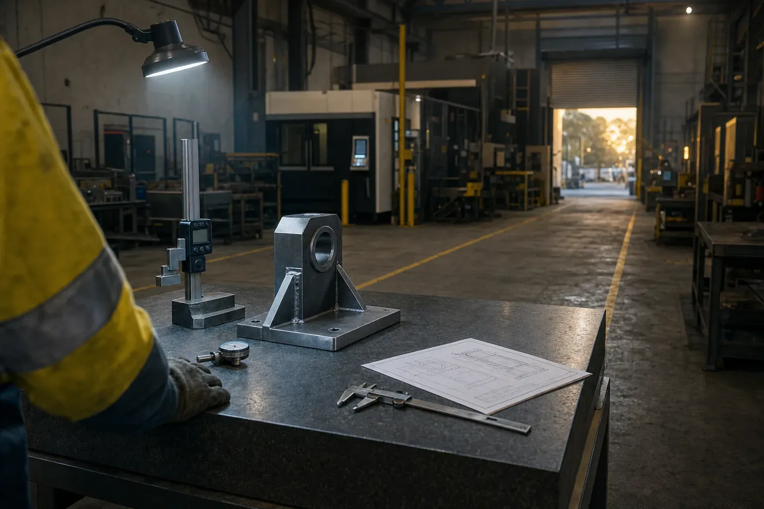 A finished bracket on a granite surface plate beside a height gauge, dial indicator, vernier caliper and a printed drawing, the roller door glowing at the end of the aisle.