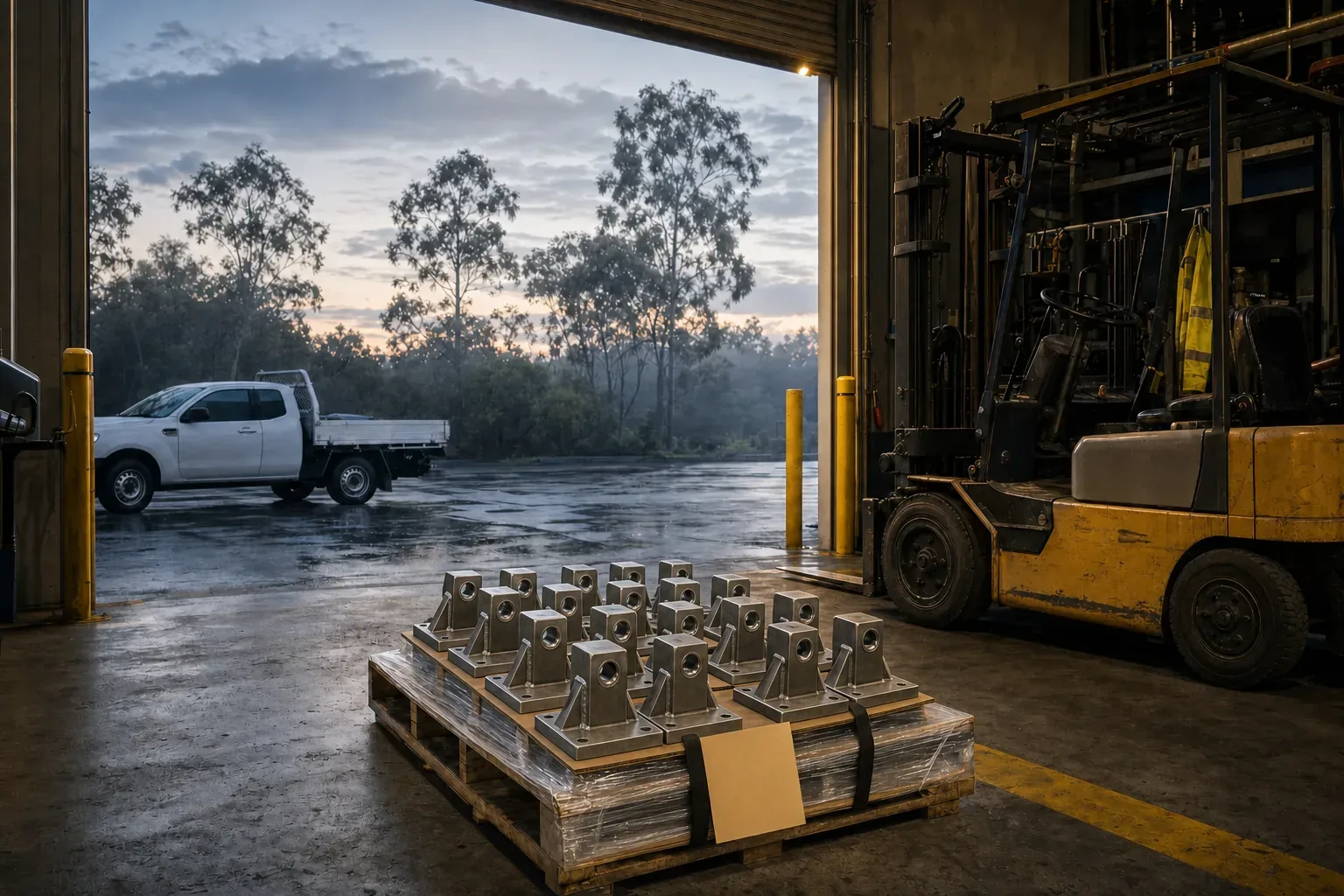 A strapped and wrapped pallet of finished stainless brackets inside the open roller door at dawn, a forklift alongside and a tray ute outside.