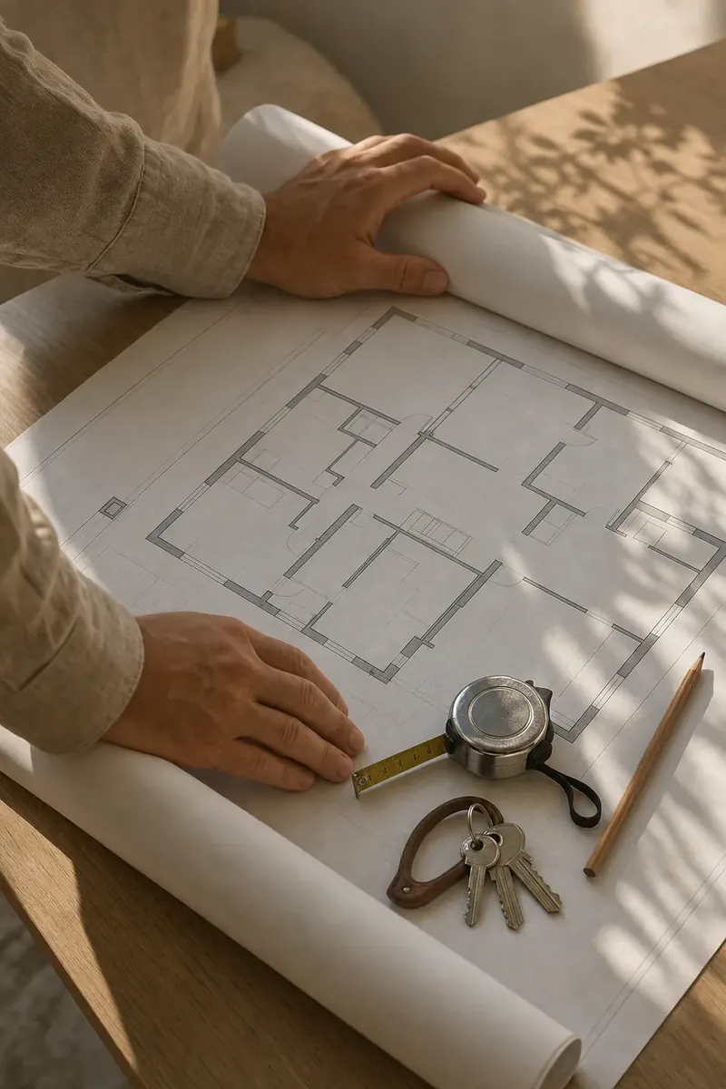 Hands unrolling a printed floor plan on an oak table, with a tape measure, house keys and a pencil