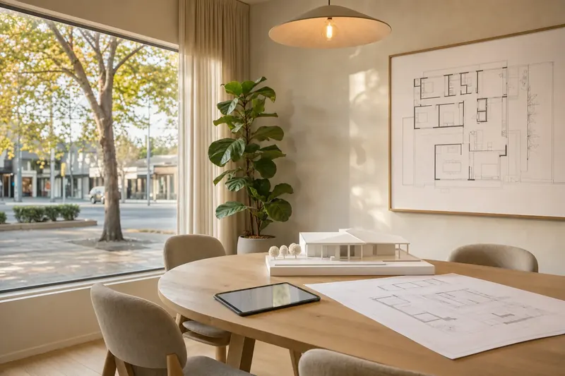 The Harlow & Reed office: an oak table with a printed floor plan, a white model of a house and a tablet, beside a shopfront window onto a tree-lined street