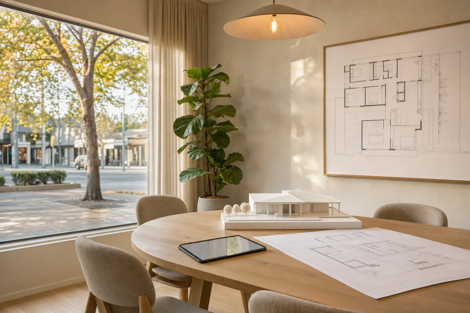 The Harlow & Reed office in a converted shopfront: an oak table with a printed floor plan, a white model of a house and a tablet, a fiddle-leaf fig and a window onto a tree-lined street