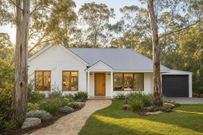 7 Paperbark Way: a weatherboard home with a gable roof under tall gum trees