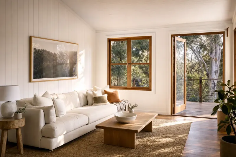7 Paperbark Way inside: living room with VJ panelling and a door open to a deck among gum trees