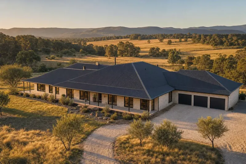 5 Ridgeline Terrace: a wide single-storey country home with a verandah and a triple garage among paddocks