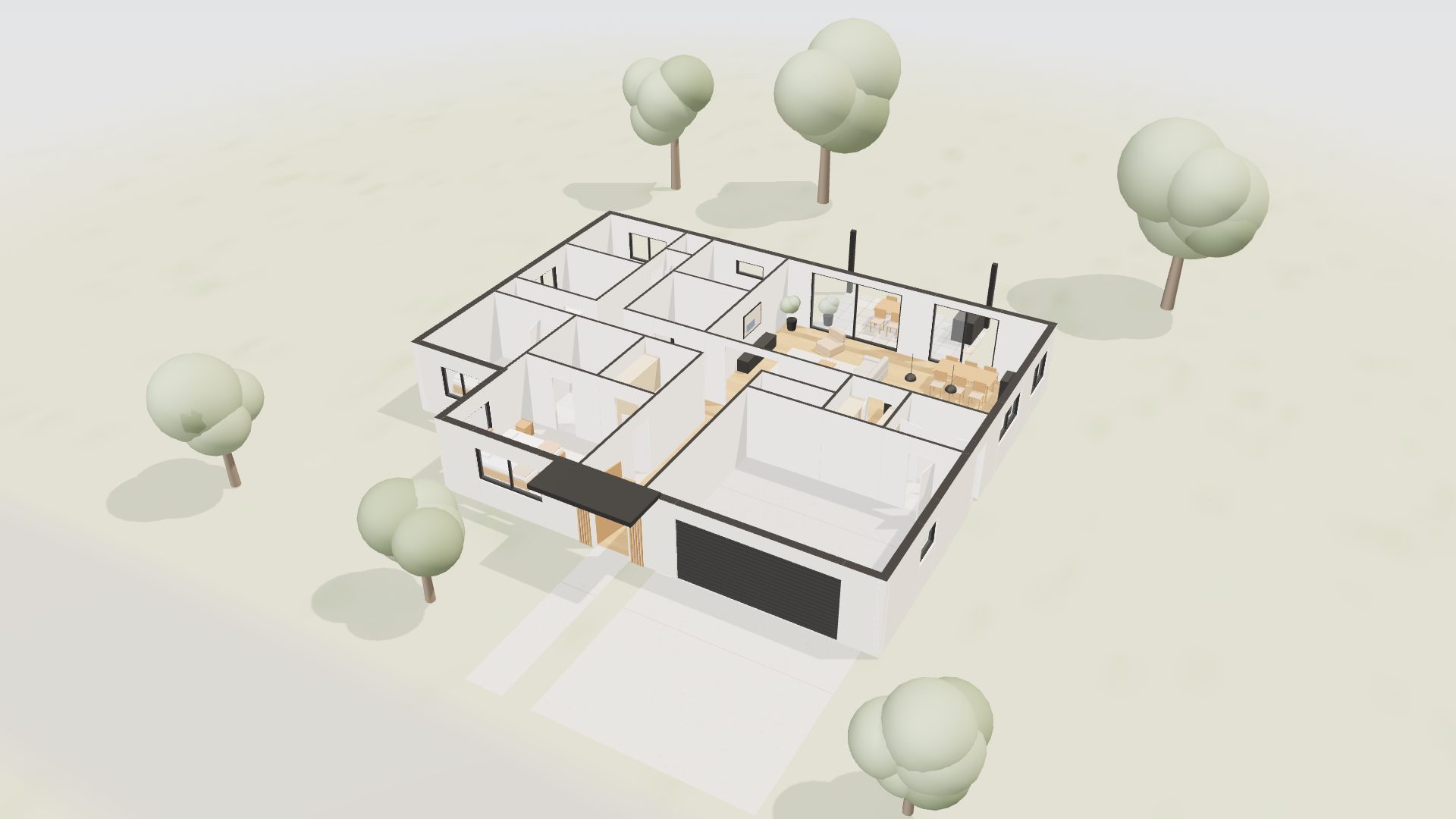 Cut-away 3D model of the house from above, showing all rooms