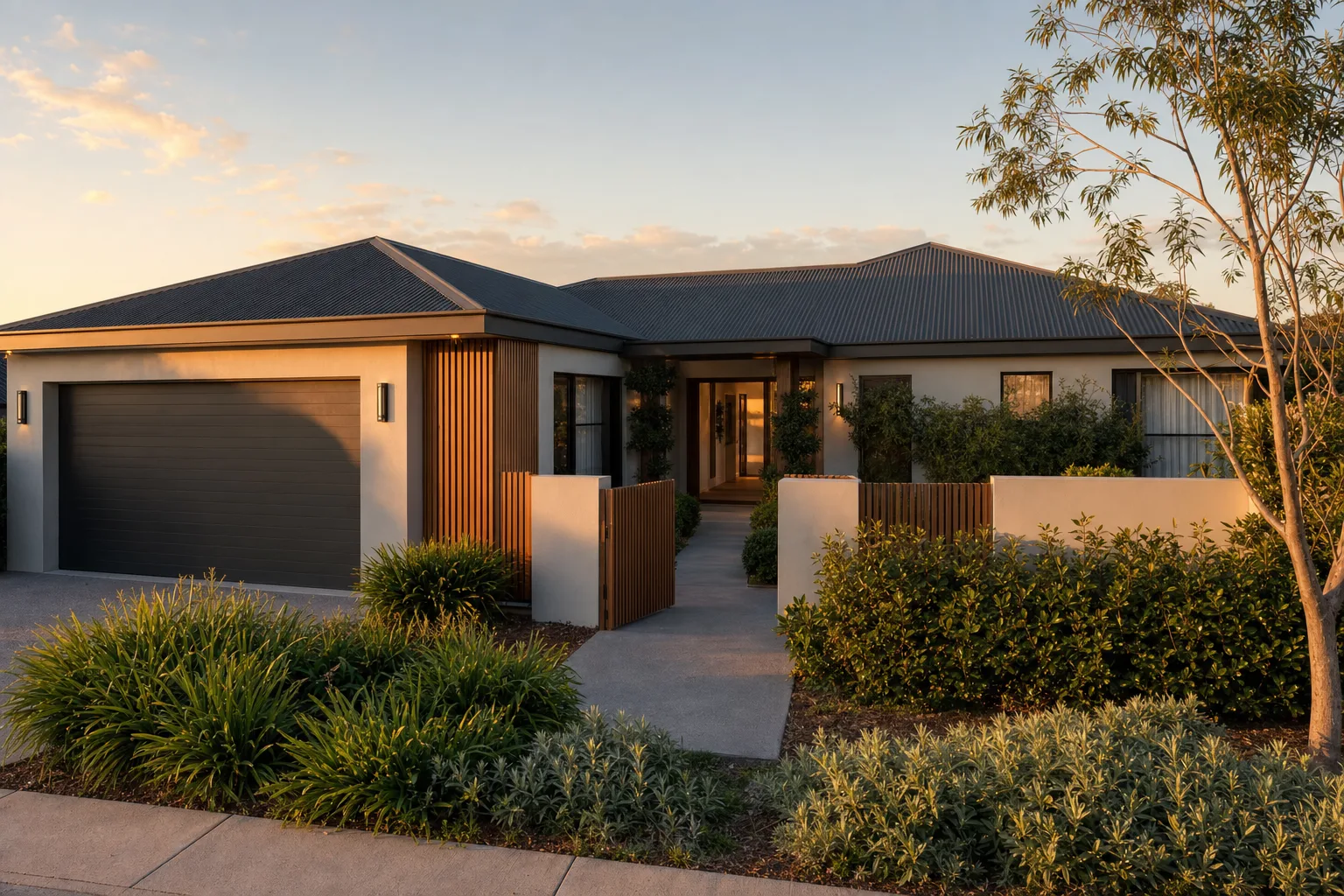 Front of 12 Wattlebird Rise at golden hour: a charcoal hip roof, rendered walls, a slatted timber gate and an entry path to an open front door