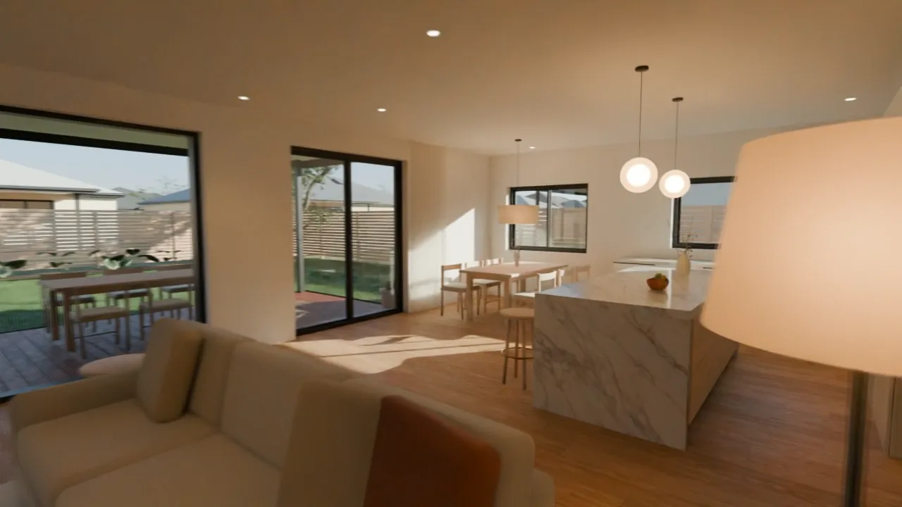 The living room and the glass doors to the deck