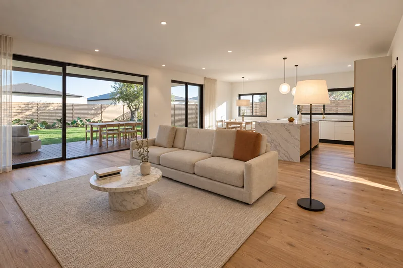 Living room with the stacker doors open to the deck