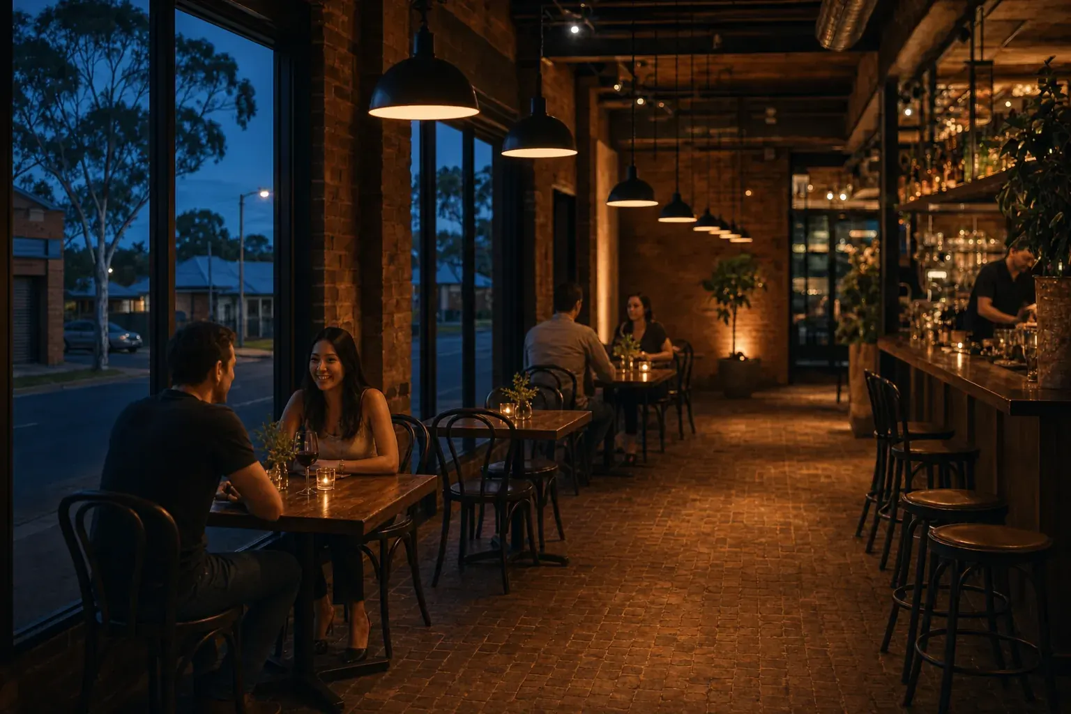 The main dining room in the evening: long timber tables, bentwood chairs, pendant lights and tall windows onto the dusk