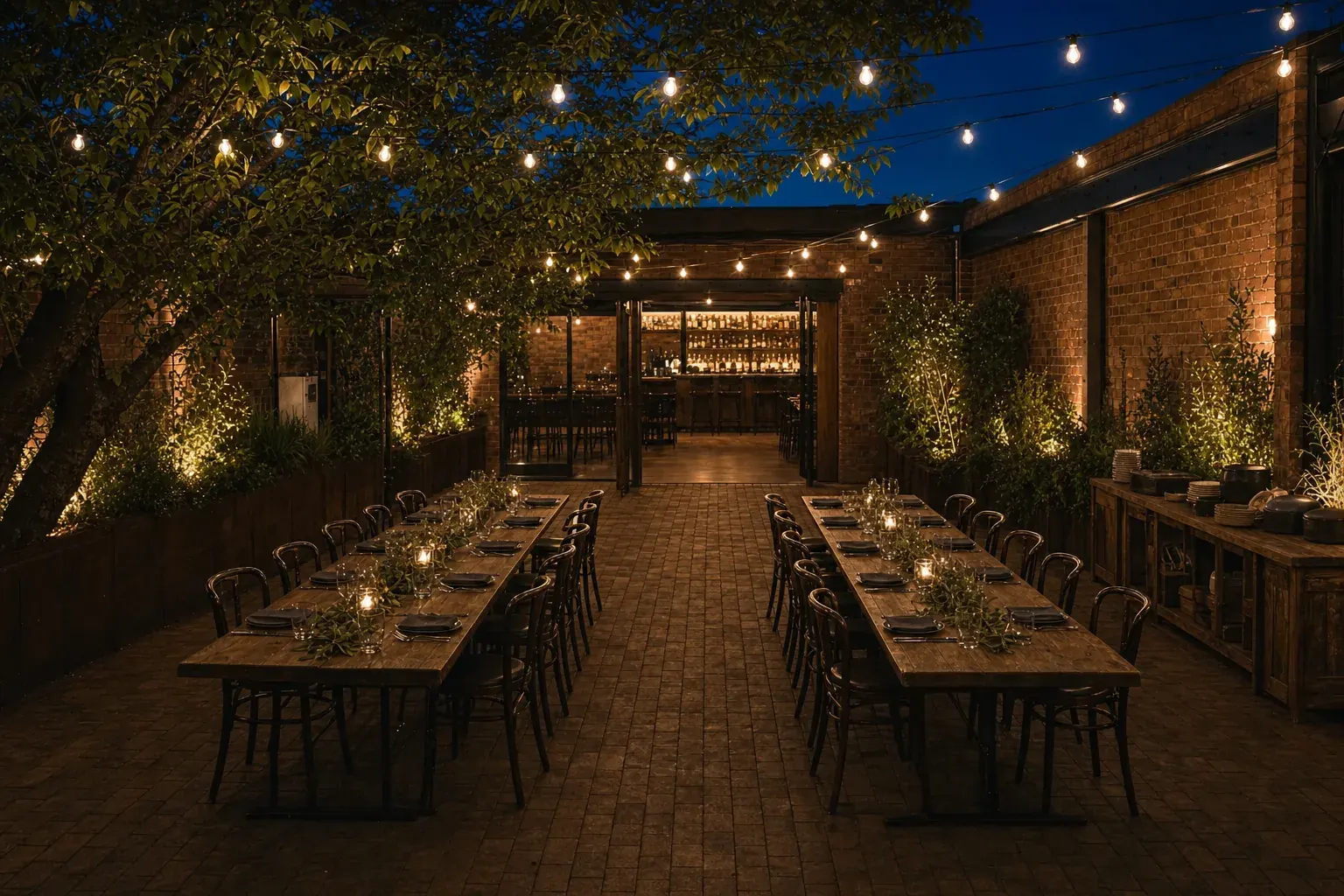 The courtyard set for a seated function: long candlelit tables with charcoal linen and saltbush, a serving station along the brick wall