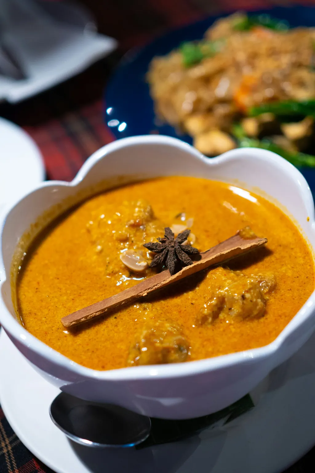 Massaman curry in a white bowl, finished with a cinnamon stick, star anise and roasted peanuts