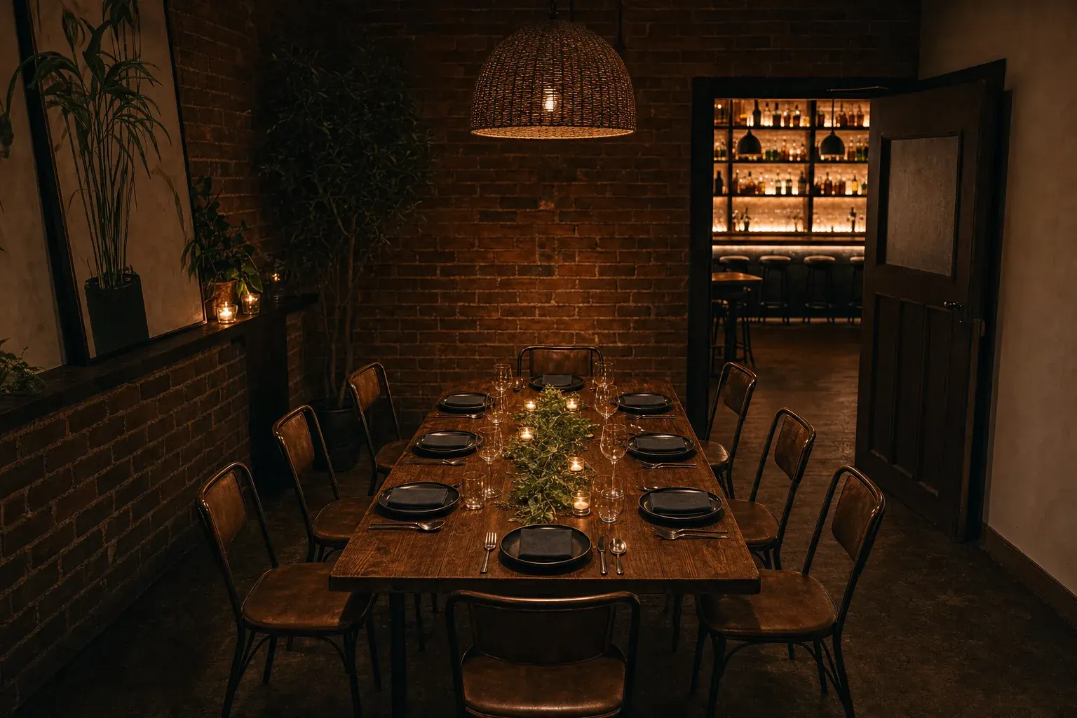 The Lime Room: one long table set for a private dinner under a woven pendant, a runner of saltbush and halved limes